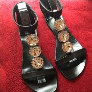 Black Embellished Flat Leather Sandals 37